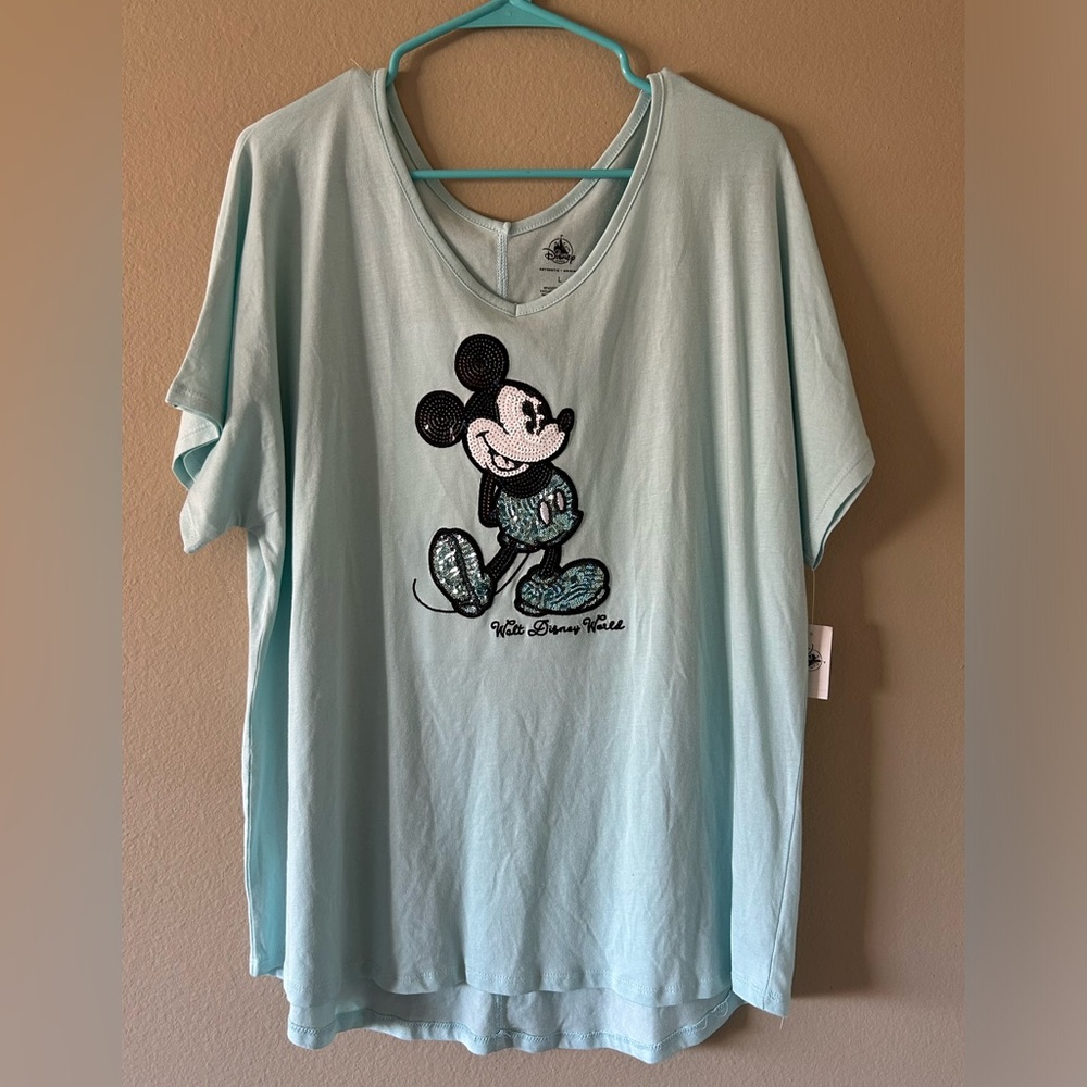 Walt Disney World Aqua Sequin Mickey Women’s Tee Size L